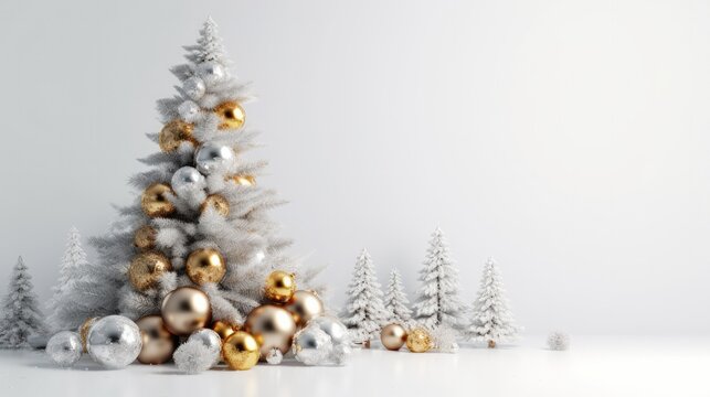 An elegant white Christmas tree with delicate golden and silver Christmas balls. Gorgeous Christmas abstract background. Generative AI.