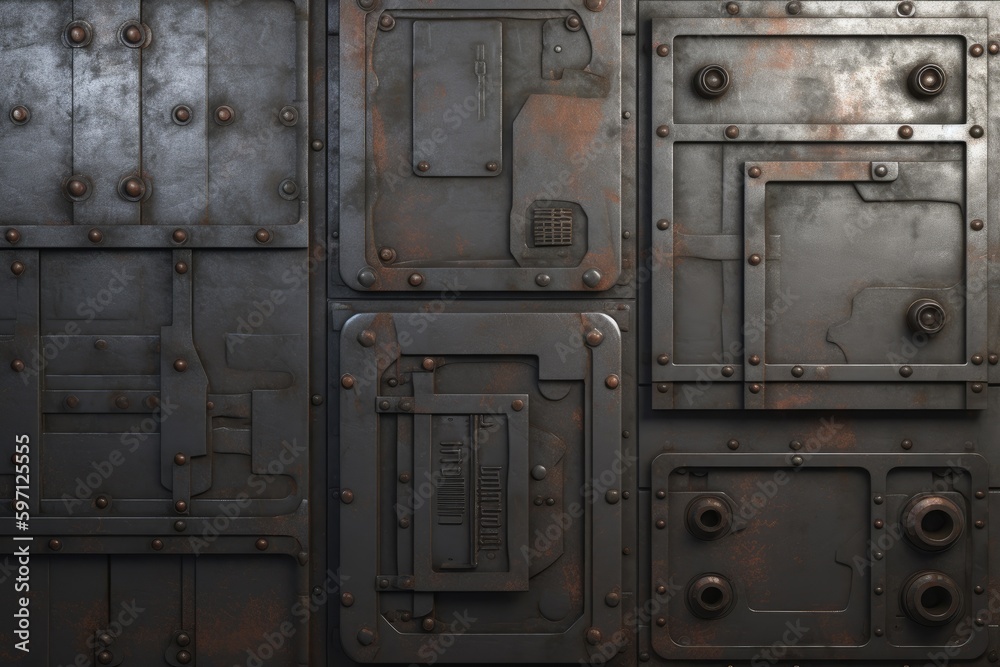 Wall mural Metal industrial background with rivets and lockers. Generative Ai