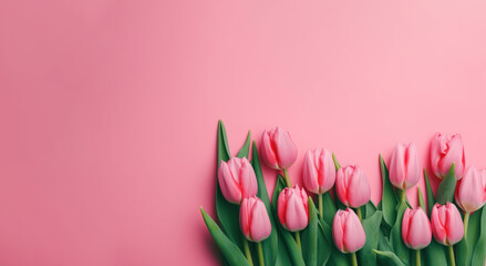 Fototapeta premium Spring tulip flowers on pink background top view in flat lay style - Generative AI
