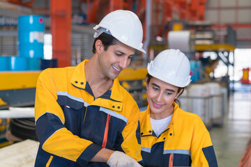 Professional heavy industry engineer worker wearing safety uniform in a metal manufacture warehouse , maintenance service check for safety first concept .