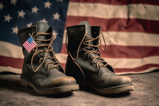  American flag for Memorial Day, military combat boots with tags, 4th of July, Labour Day Generative AI