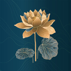 Lotus flowers for luxury and exclusive use in design. Water lilies in gold and blue colors, isolated lotus elements. Nelumbo made in Chinese aesthetics and culture style.