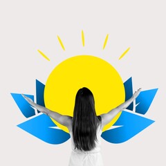 Contemporary collage of woman standing on leaves background