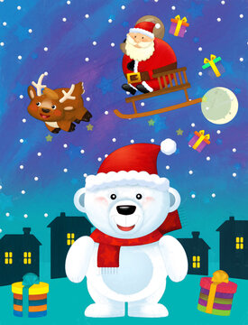 Christmas happy scene with polar bear and santa claus is flying with deers - illustration for children artistic painting scene