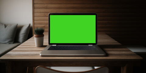 Generative AI image of office desk with laptop with chroma green screen. Stylish home office interior with comfortable workplace. Workspace.