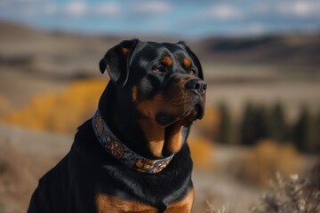 Lifestyle portrait photography of a bored rottweiler wearing a ribbon against tundra landscapes background. With generative AI technology