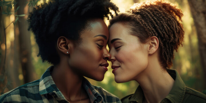 Generative AI image of loving young lesbian multiracial couple kissing on the forest at sunset. African american woman with afro hair having a tender moment with her caucasian girlfriend.