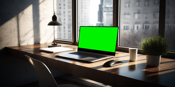 Generative AI image of office desk with laptop with chroma green screen, with mock up and tea near big window. Stylish home office interior with comfortable workplace, with views of the city. Workspac