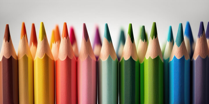 Generative AI image of multicolored pencils row over white background.