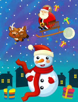 Christmas happy scene snowman and santa claus is flying - illustration for children artistic painting scene
