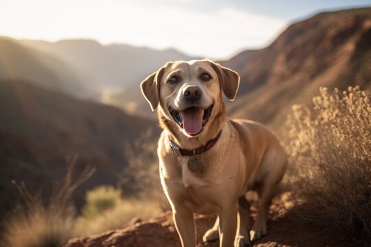 Medium shot portrait photography of a happy labrador retriever wagging its tail against gorges and canyons background. With generative AI technology