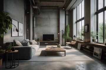 Plakat Industrial-style living room in loft with concrete elements, 3D visualization. Generative AI