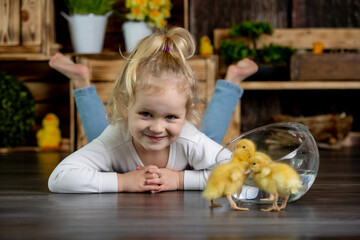 Happy beautiful kids, playing with small beautiful ducklings, cute fluffy animal birds