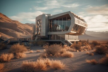 Obraz na płótnie Canvas A futuristic cyberpunk-style house in the Nevada desert. Generative AI