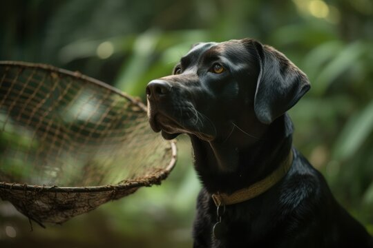 Lifestyle portrait photography of a curious labrador retriever holding a butterfly net against tropical rainforests background. With generative AI technology
