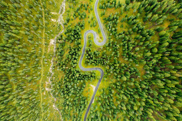 Aerial view of unveils a twisted path meandering through a lush summer forest