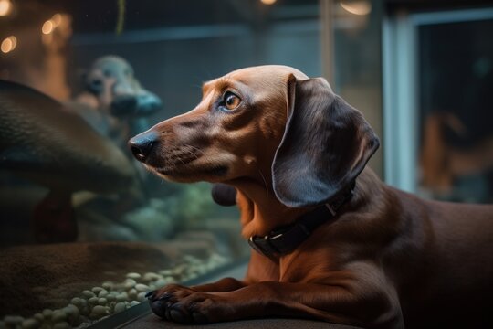 Full-length portrait photography of a happy dachshund cuddling with a cat against aquariums with outdoor exhibits background. With generative AI technology