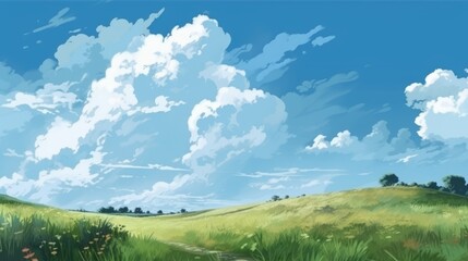 草原と大きな雲がかかった青空：AI作品
