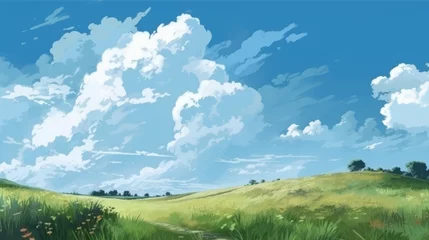 Foto op Canvas 草原と大きな雲がかかった青空：AI作品  © fumoto-lab