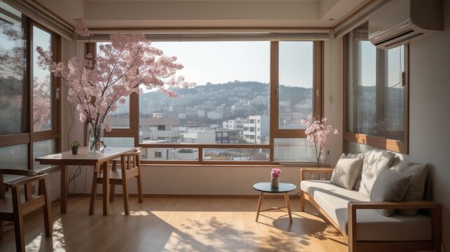 桜を飾った明るいリビングルーム：AI作品
