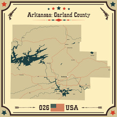 Large and accurate map of Garland County, Arkansas, USA with vintage colors.