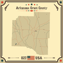 Large and accurate map of Grant County, Arkansas, USA with vintage colors.