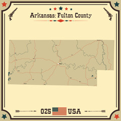 Large and accurate map of Fulton County, Arkansas, USA with vintage colors.