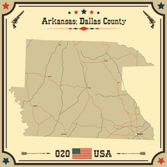 Large and accurate map of Dallas County, Arkansas, USA with vintage colors.