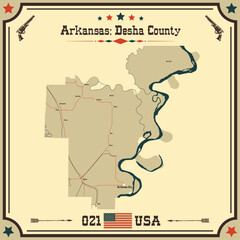 Large and accurate map of Desha County, Arkansas, USA with vintage colors.