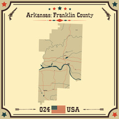 Large and accurate map of Franklin County, Arkansas, USA with vintage colors.