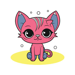 Furry, cheerful cartoon of a cute and pretty kitty, drawn with a funny and cartoonish style. Animal mascot, perfect for kids and childhood-related projects, such as cards, prints,