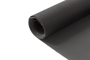 roll of black moisture resistant dense fabric, close-up on isolated white
