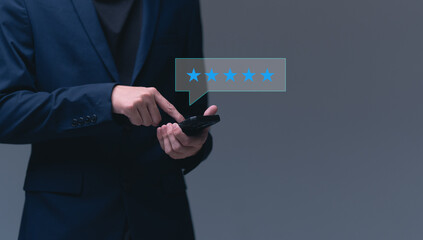 Customer review satisfaction feedback survey concept, User give rating to service experience on online application,  Customer can evaluate quality of service leading to reputation ranking of business.