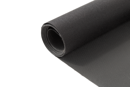 roll of black moisture resistant dense fabric, close-up on isolated white