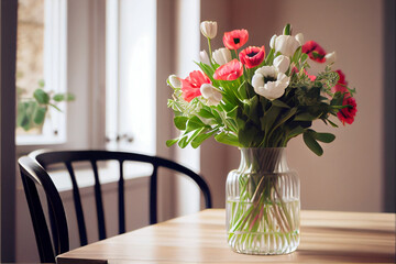 A bouquet of tulips on a table. In the background, the interior of a white kitchen, AI Generated