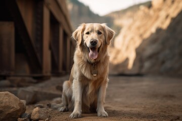 Environmental portrait photography of a happy golden retriever sitting against old mines and quarries background. With generative AI technology