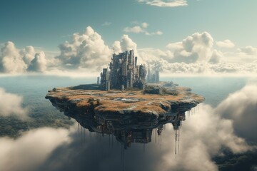 A surreal landscape with hovering clouds and technological elements. Generative AI