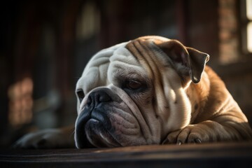 Medium shot portrait photography of a curious bulldog sleeping against old mills and factories background. With generative AI technology