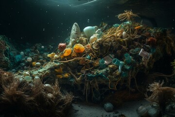 Ocean pollution with plastic and waste harming marine life. Generative AI