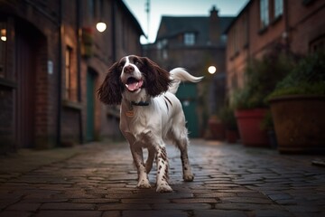 Environmental portrait photography of a happy english springer spaniel dancing with the owner against old mills and factories background. With generative AI technology - obrazy, fototapety, plakaty