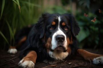 Medium shot portrait photography of a scared bernese mountain dog lying down against butterfly gardens background. With generative AI technology