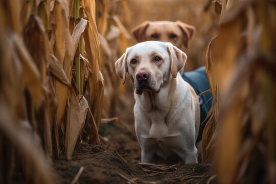 Environmental portrait photography of a curious labrador retriever playing with a group of dogs against corn mazes background. With generative AI technology