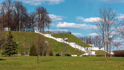 A white staircase leading from the high embankment of the Volga River to the Yaroslavskaya Strelka. Yaroslavl, Russia. Gold ring of Russia.