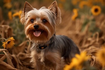 Lifestyle portrait photography of a happy yorkshire terrier having a flower in its mouth against corn mazes background. With generative AI technology