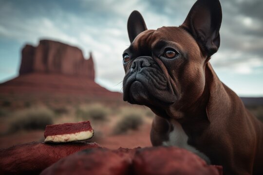 Medium shot portrait photography of a scared french bulldog eating against bison ranges background. With generative AI technology
