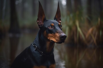 Medium shot portrait photography of a curious doberman pinscher playing in the rain against swamps and bayous background. With generative AI technology