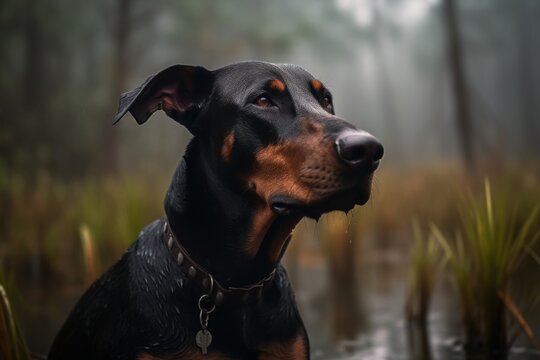 Medium shot portrait photography of a curious doberman pinscher playing in the rain against swamps and bayous background. With generative AI technology