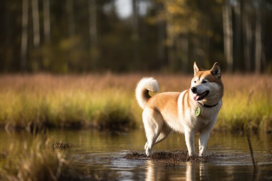Full-length portrait photography of a curious akita inu holding a frisbee in its mouth against swamps and bayous background. With generative AI technology