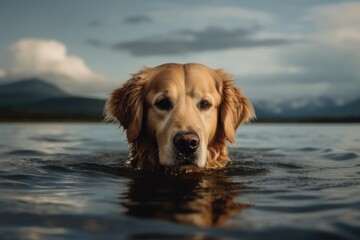 Medium shot portrait photography of a scared golden retriever swimming in a lake against tundra landscapes background. With generative AI technology
