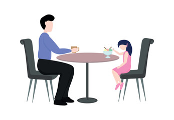 Fototapeta premium Father and daughter sitting in a cafe. The man is drinking coffee. Girl eats ice cream in a cafe. Vector illustration